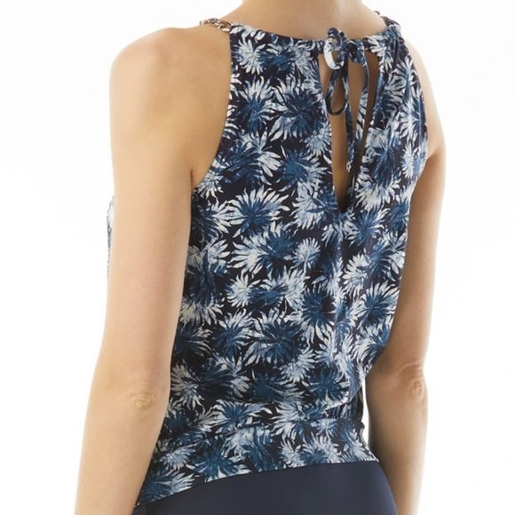 MICHAEL Michael Kors Blouson High Neck Tankini Swim Top Blue‎ Palm Mix L - Picture 7 of 12